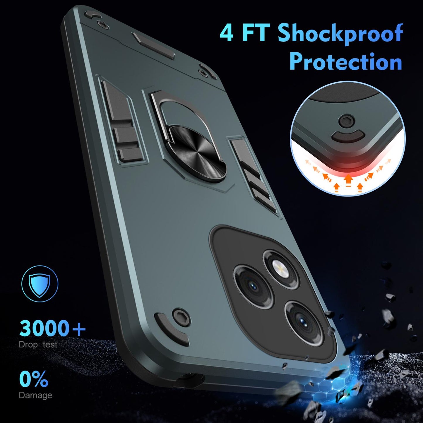 Honor 400 Lite Shockproof Metal Ring Holder Phone Case with 360 degrees Rotating Kickstand, Ultra Slim Protective Cover, Raised Camera Guard, PC Silicone Armour Shell, Anti-Scratch Back & Edge Protection