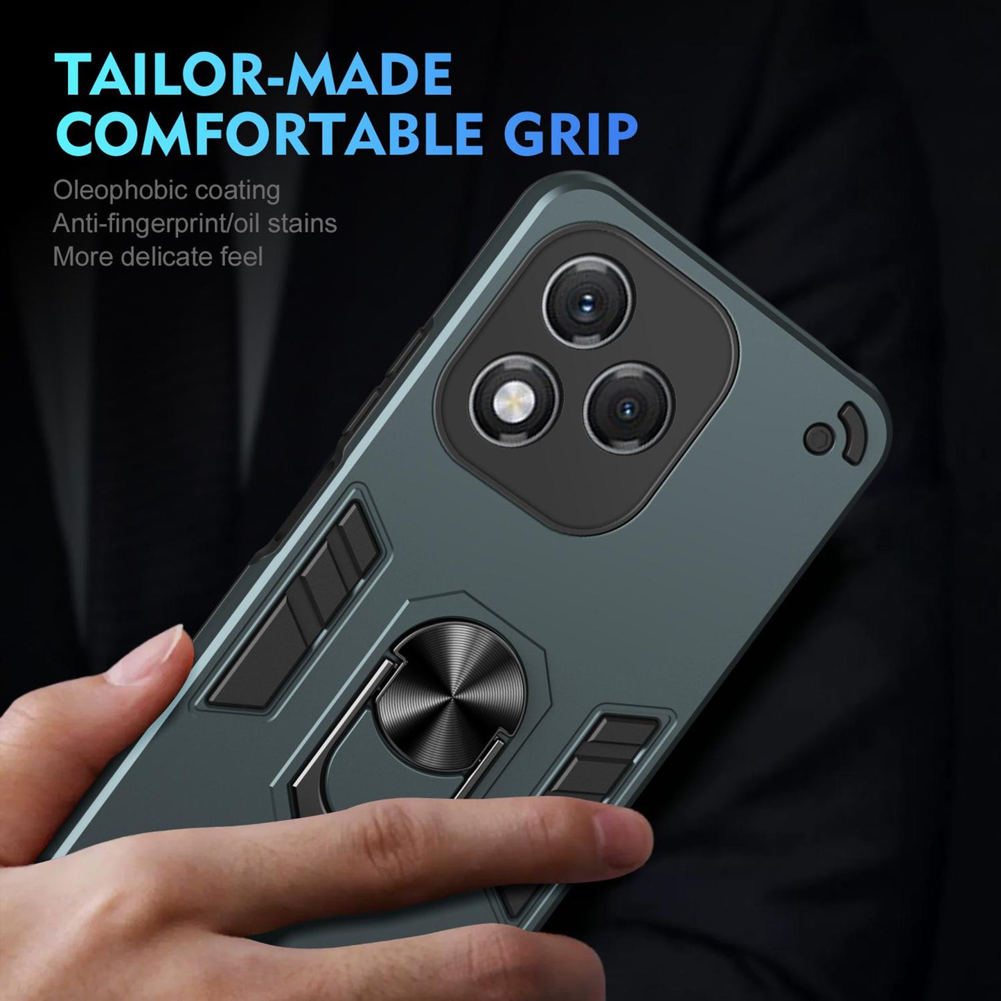Honor 400 Lite Shockproof Metal Ring Holder Phone Case with 360 degrees Rotating Kickstand, Ultra Slim Protective Cover, Raised Camera Guard, PC Silicone Armour Shell, Anti-Scratch Back & Edge Protection