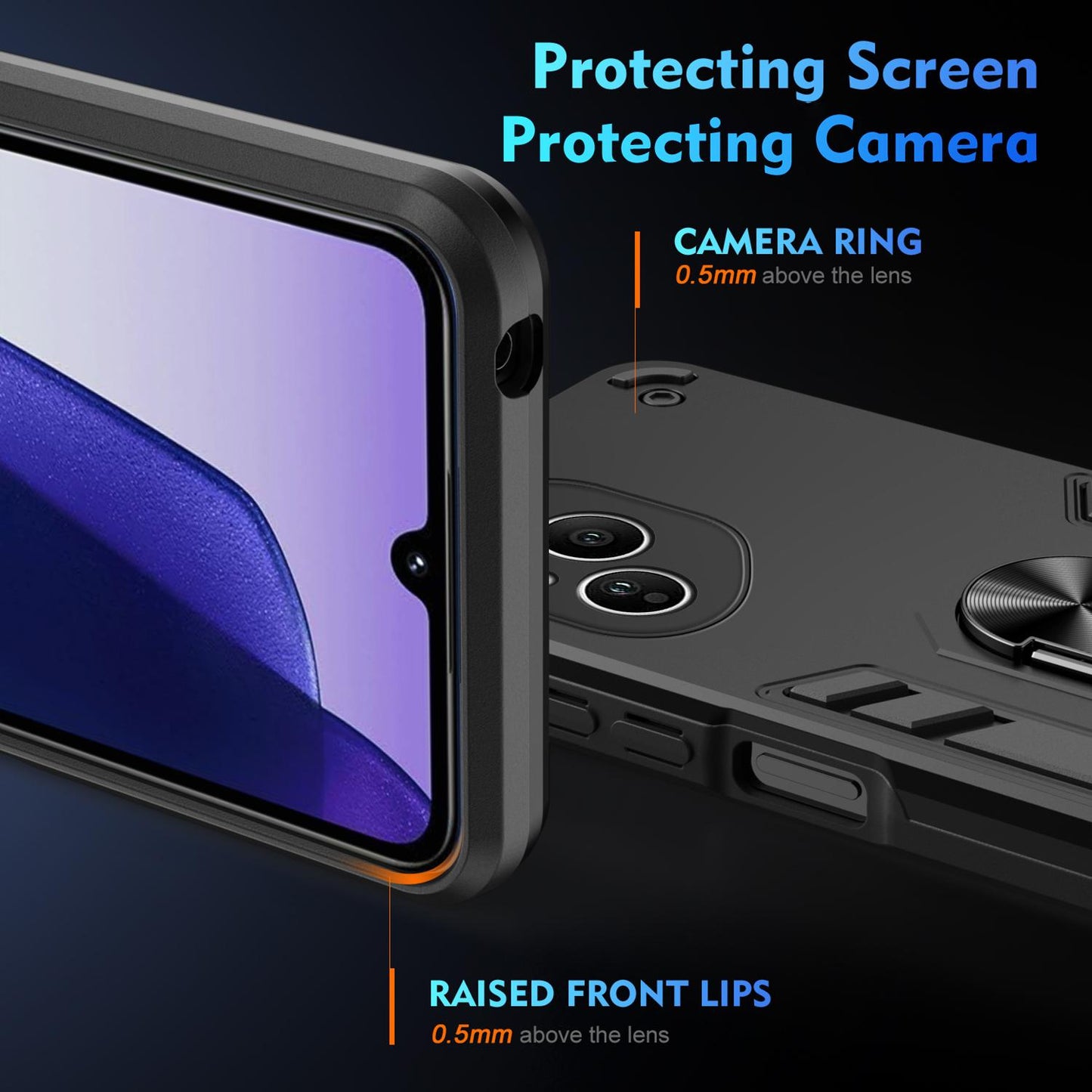 Honor 400 Pro 160.8mm Shockproof Metal Ring Holder Phone Case with 360 degrees Rotating Kickstand, Ultra Slim Protective Cover, Raised Camera Guard, PC Silicone Armour Shell, Anti-Scratch Back & Edge Protection