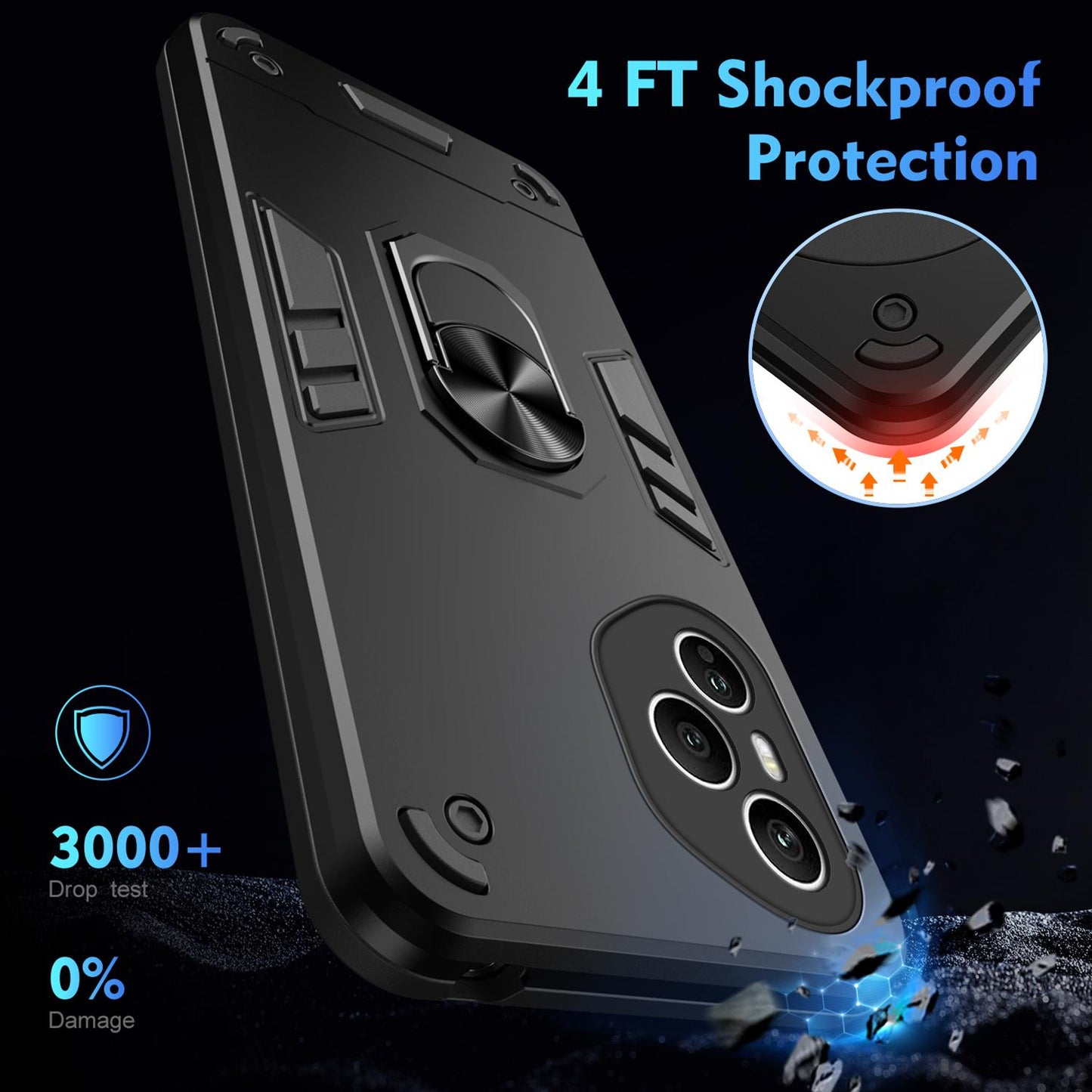 Honor 400 Pro 160.8mm Shockproof Metal Ring Holder Phone Case with 360 degrees Rotating Kickstand, Ultra Slim Protective Cover, Raised Camera Guard, PC Silicone Armour Shell, Anti-Scratch Back & Edge Protection