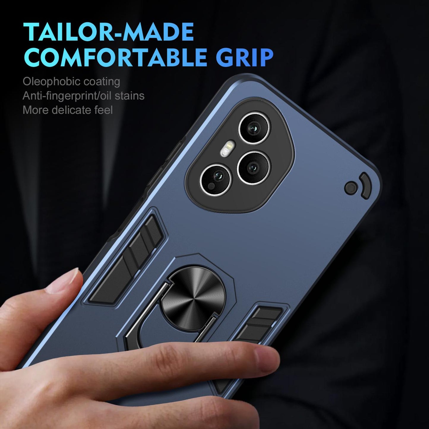 Honor 400 Pro 160.8mm Shockproof Metal Ring Holder Phone Case with 360 degrees Rotating Kickstand, Ultra Slim Protective Cover, Raised Camera Guard, PC Silicone Armour Shell, Anti-Scratch Back & Edge Protection