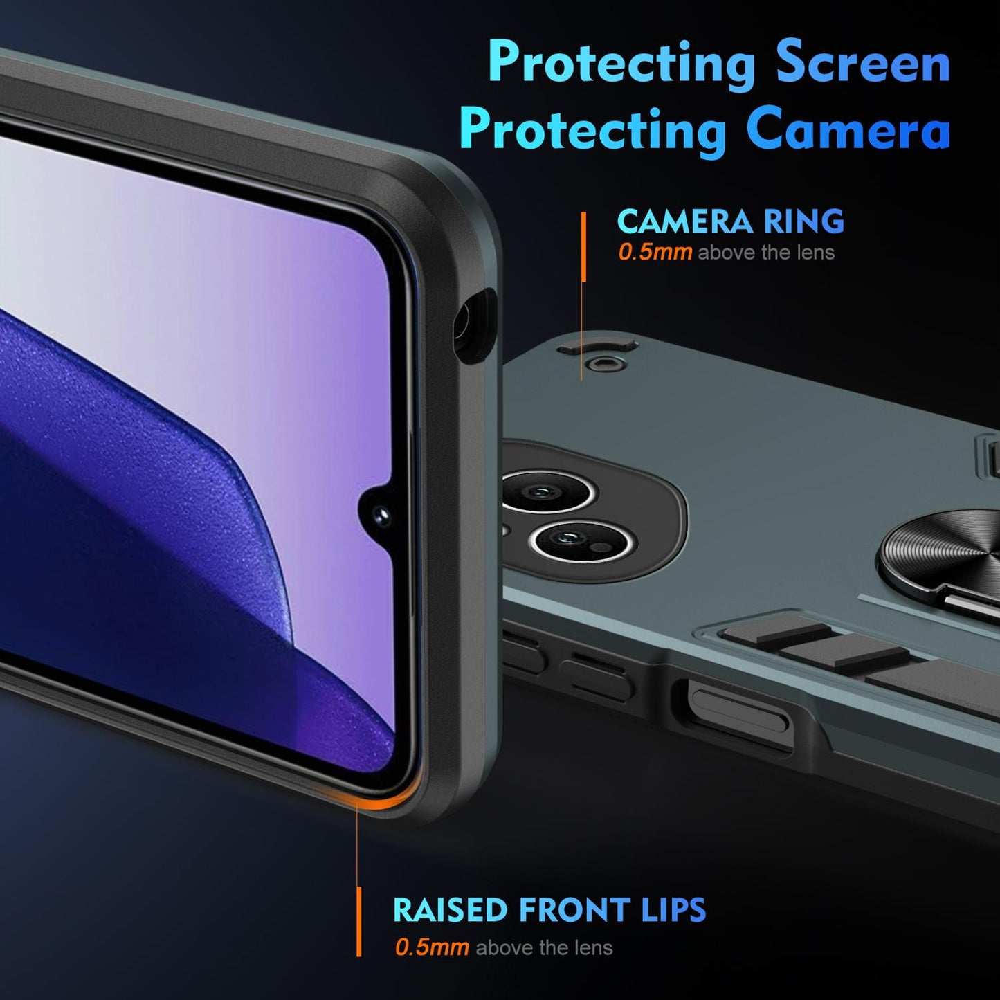 Honor 400 Pro 160.8mm Shockproof Metal Ring Holder Phone Case with 360 degrees Rotating Kickstand, Ultra Slim Protective Cover, Raised Camera Guard, PC Silicone Armour Shell, Anti-Scratch Back & Edge Protection