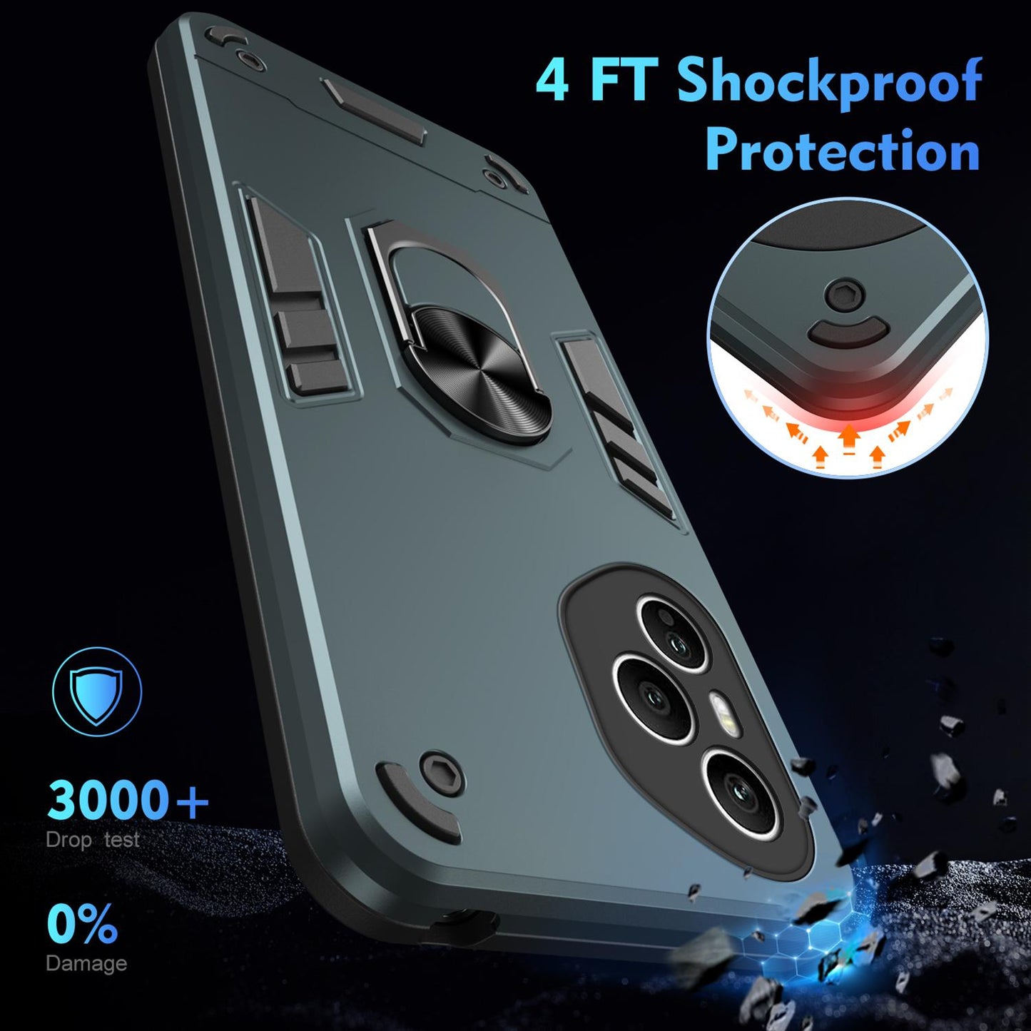 Honor 400 Pro 160.8mm Shockproof Metal Ring Holder Phone Case with 360 degrees Rotating Kickstand, Ultra Slim Protective Cover, Raised Camera Guard, PC Silicone Armour Shell, Anti-Scratch Back & Edge Protection
