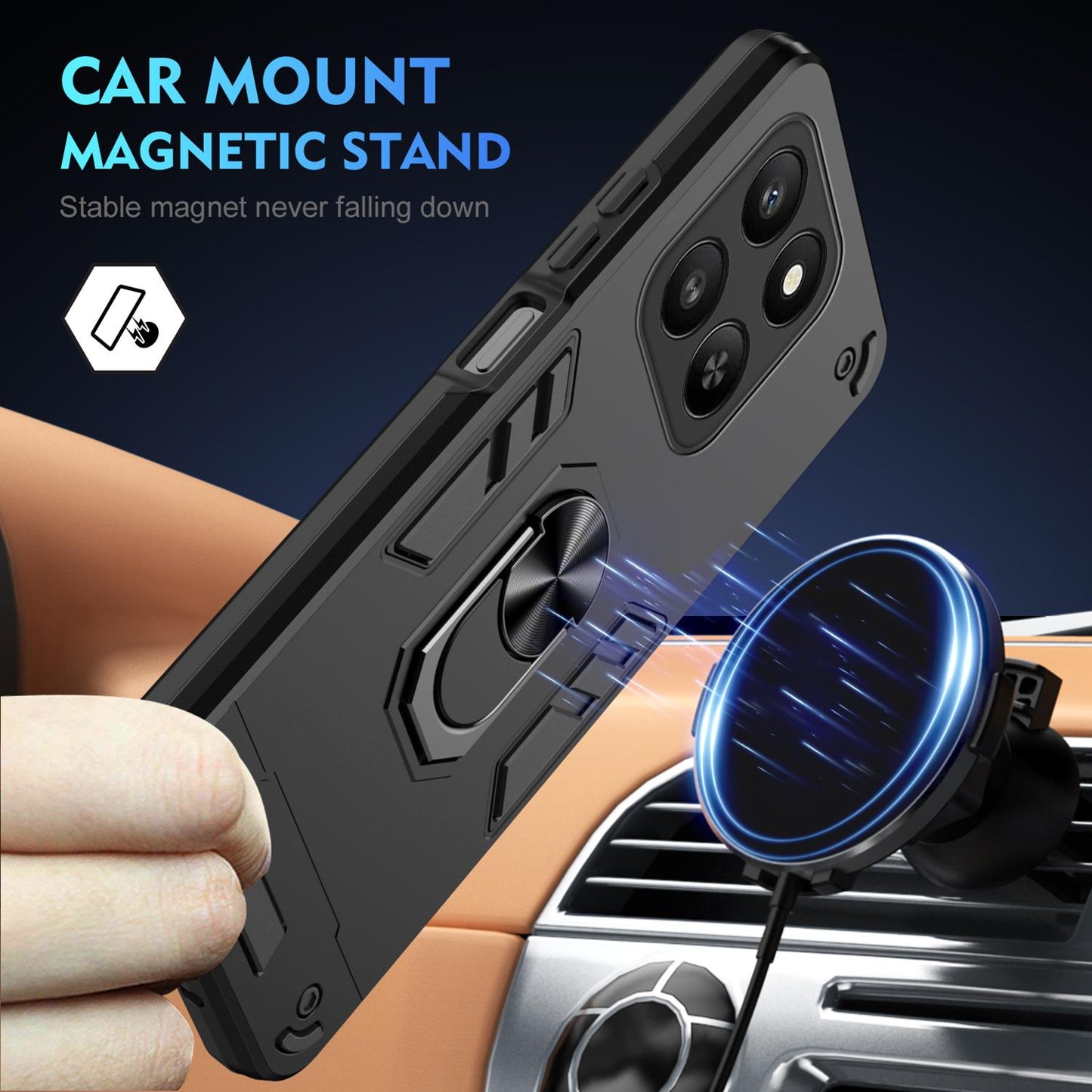Honor 400 Smart 5G Shockproof Metal Ring Holder Phone Case with 360 degrees Rotating Kickstand, Ultra Slim Protective Cover, Raised Camera Guard, PC Silicone Armour Shell, Anti-Scratch Back & Edge Protection