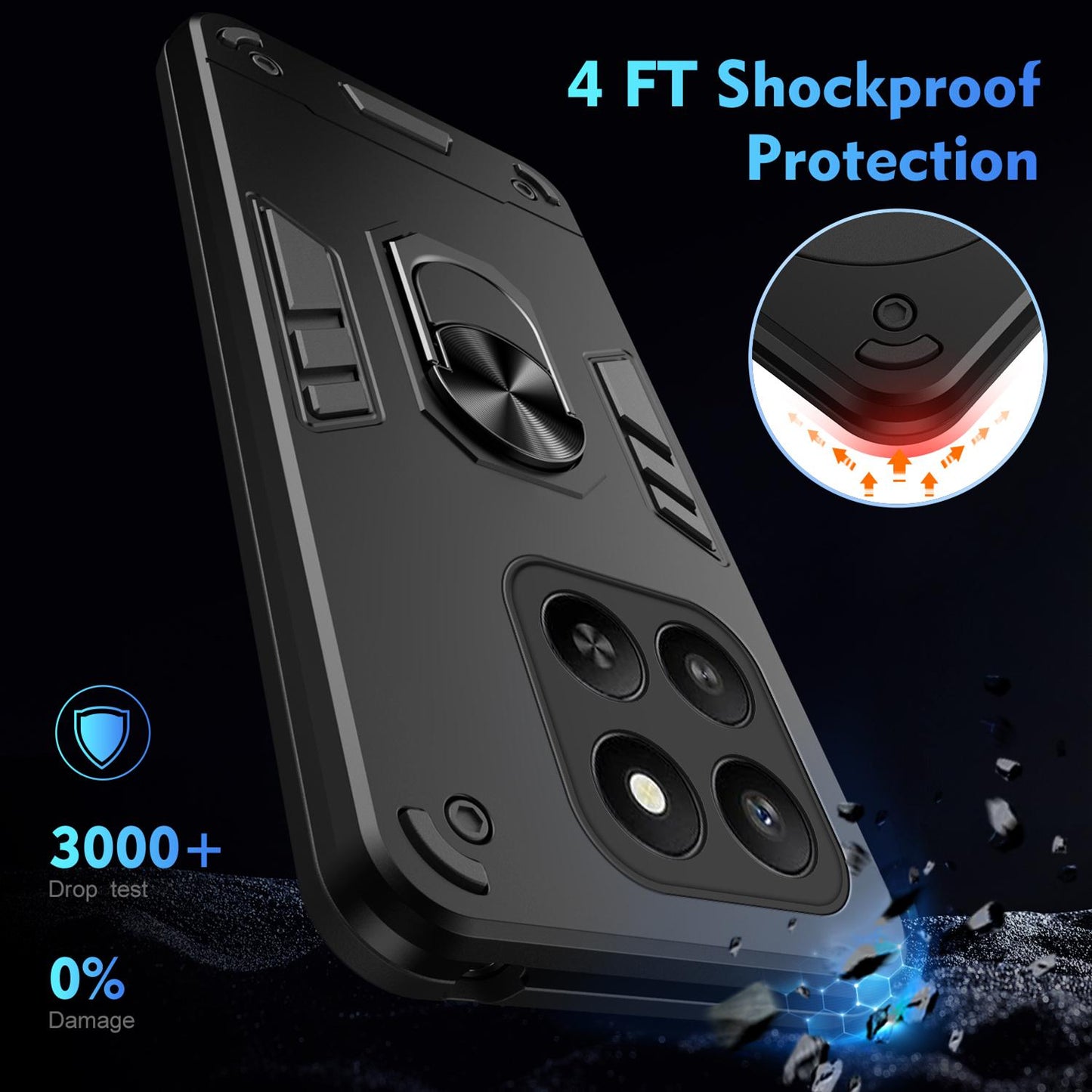 Honor 400 Smart 5G Shockproof Metal Ring Holder Phone Case with 360 degrees Rotating Kickstand, Ultra Slim Protective Cover, Raised Camera Guard, PC Silicone Armour Shell, Anti-Scratch Back & Edge Protection