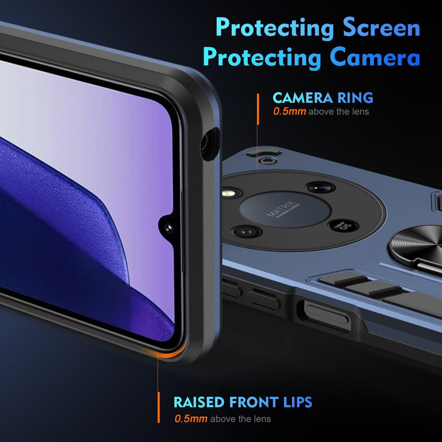 Honor X70 5G Shockproof Metal Ring Holder Phone Case with 360 degrees Rotating Kickstand, Ultra Slim Protective Cover, Raised Camera Guard, PC Silicone Armour Shell, Anti-Scratch Back & Edge Protection