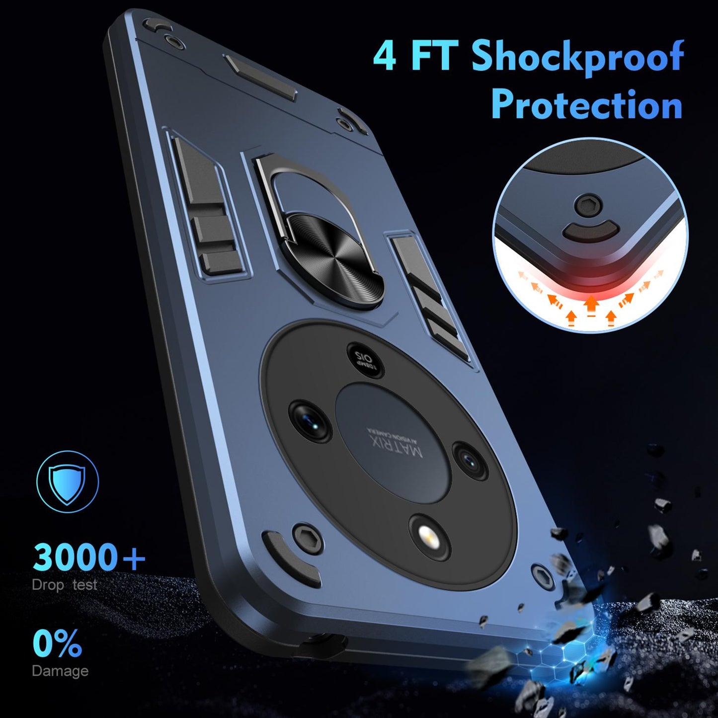 Honor X9d Shockproof Metal Ring Holder Phone Case with 360 degrees Rotating Kickstand, Ultra Slim Protective Cover, Raised Camera Guard, PC Silicone Armour Shell, Anti-Scratch Back & Edge Protection