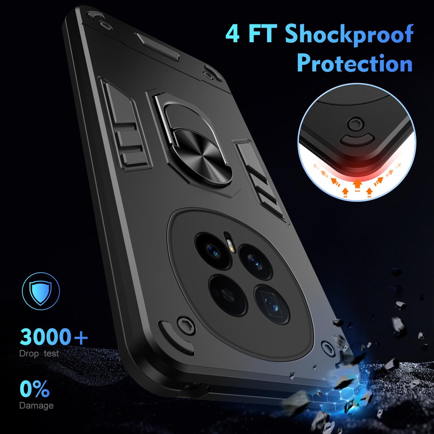 Honor Magic8 Shockproof Metal Ring Holder Phone Case with 360 degrees Rotating Kickstand, Ultra Slim Protective Cover, Raised Camera Guard, PC Silicone Armour Shell, Anti-Scratch Back & Edge Protection