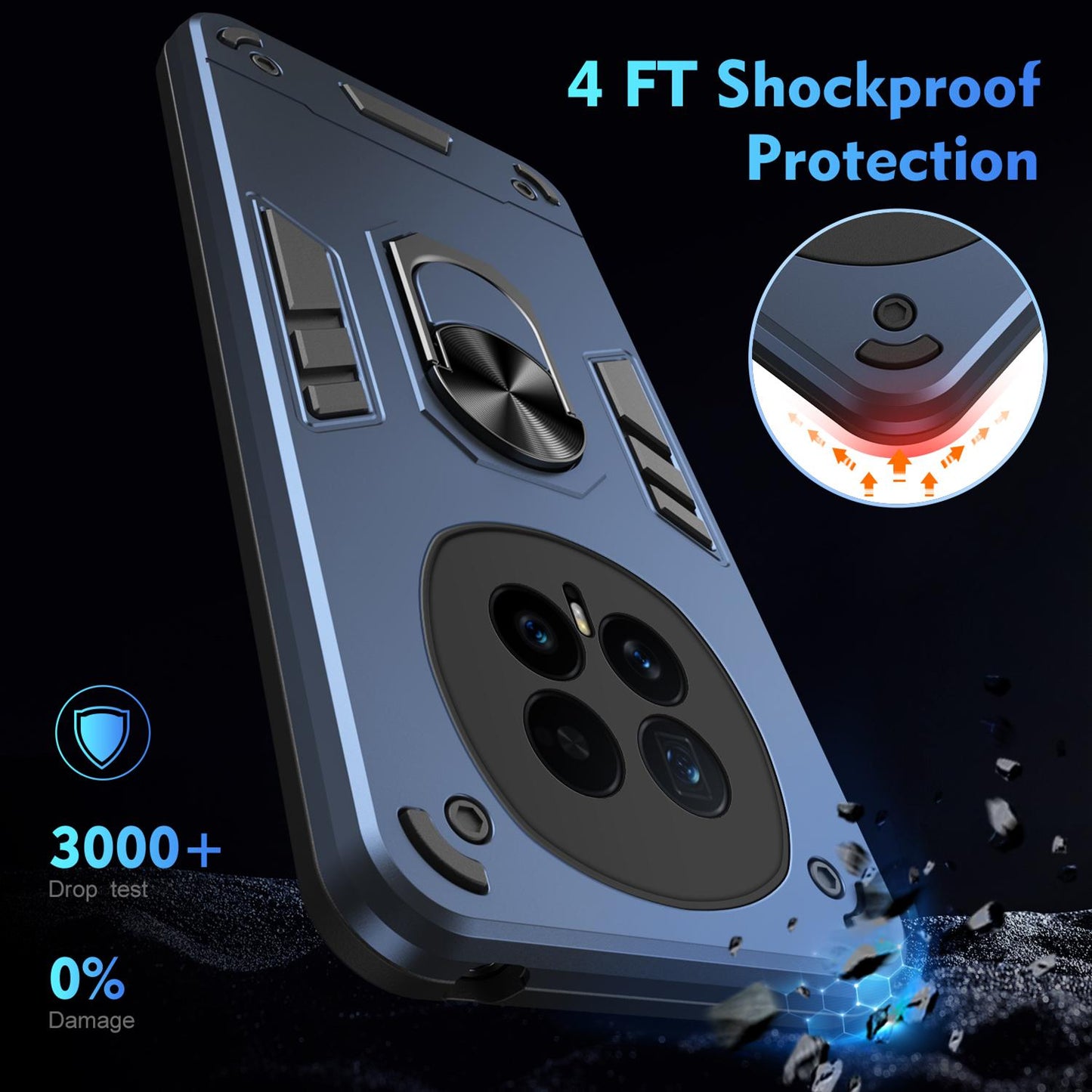 Honor Magic8 Shockproof Metal Ring Holder Phone Case with 360 degrees Rotating Kickstand, Ultra Slim Protective Cover, Raised Camera Guard, PC Silicone Armour Shell, Anti-Scratch Back & Edge Protection