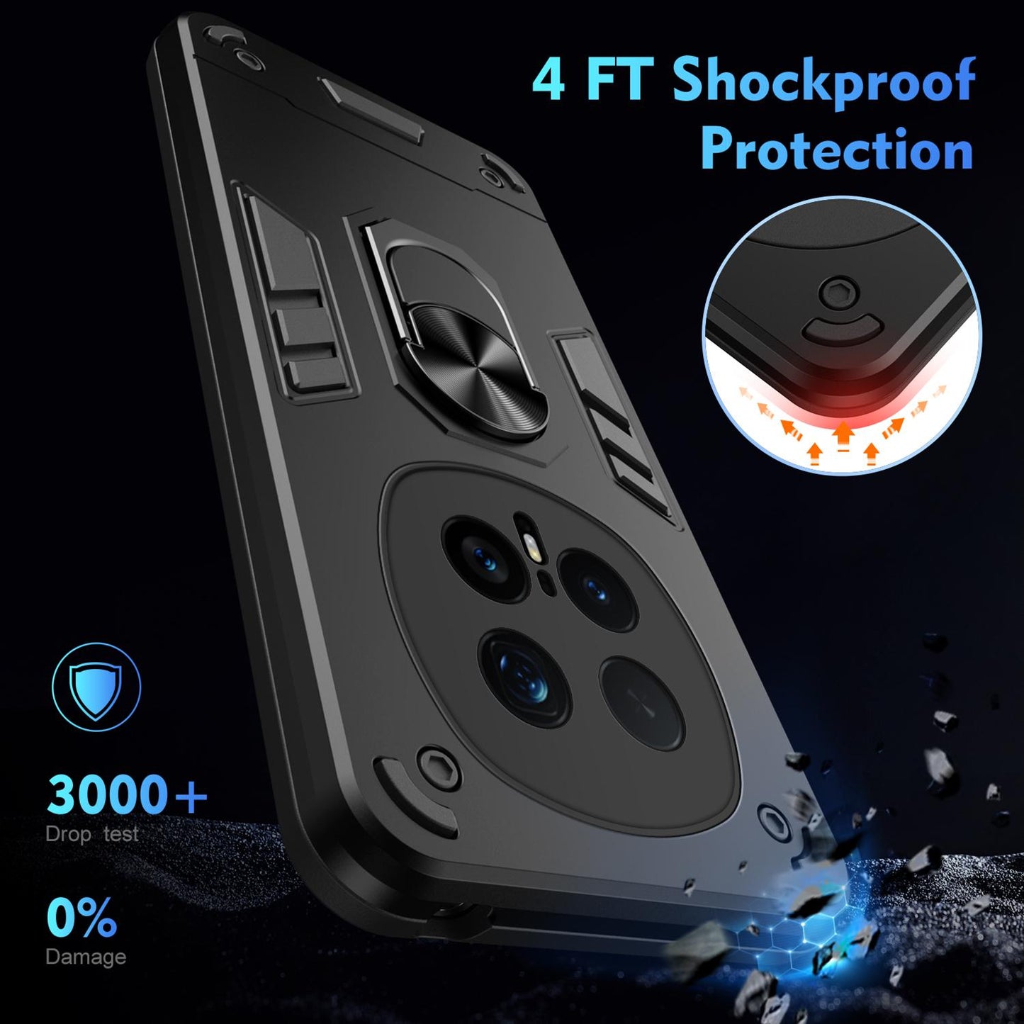 Honor Magic8 Pro Shockproof Metal Ring Holder Phone Case with 360 degrees Rotating Kickstand, Ultra Slim Protective Cover, Raised Camera Guard, PC Silicone Armour Shell, Anti-Scratch Back & Edge Protection