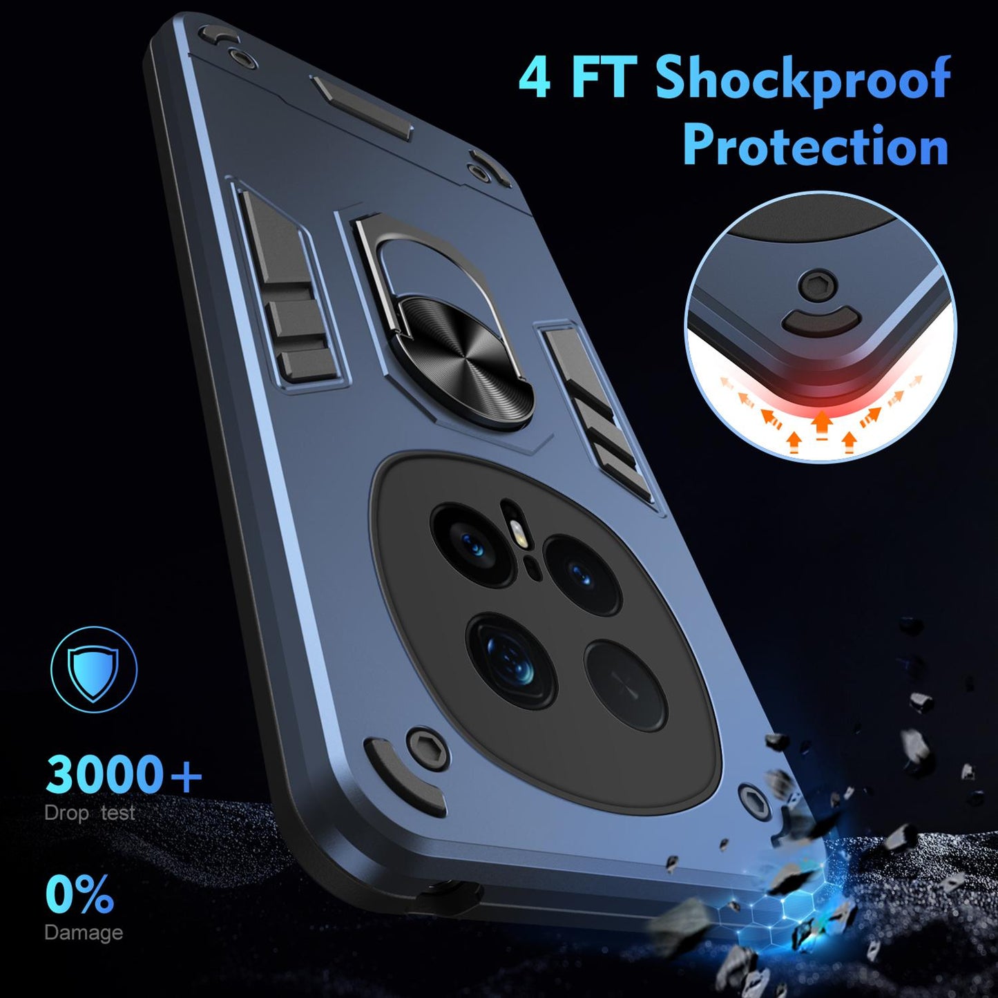 Honor Magic8 Pro Shockproof Metal Ring Holder Phone Case with 360 degrees Rotating Kickstand, Ultra Slim Protective Cover, Raised Camera Guard, PC Silicone Armour Shell, Anti-Scratch Back & Edge Protection