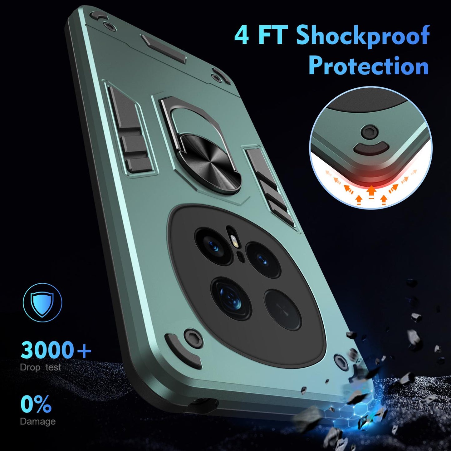 Honor Magic8 Pro Shockproof Metal Ring Holder Phone Case with 360 degrees Rotating Kickstand, Ultra Slim Protective Cover, Raised Camera Guard, PC Silicone Armour Shell, Anti-Scratch Back & Edge Protection