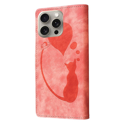 iPhone 15 Pro Max Pen Heart Cat Embossed Leather Phone Case with Wear-Resistant TPU+PU, Lightweight Wallet Stand Function, and Precise Cutouts for Ultimate Protection