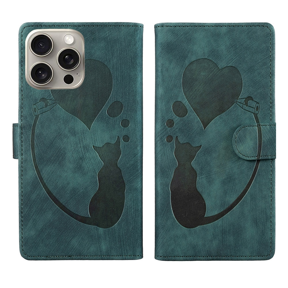 iPhone 15 Pro Max Pen Heart Cat Embossed Leather Phone Case with Wear-Resistant TPU+PU, Lightweight Wallet Stand Function, and Precise Cutouts for Ultimate Protection