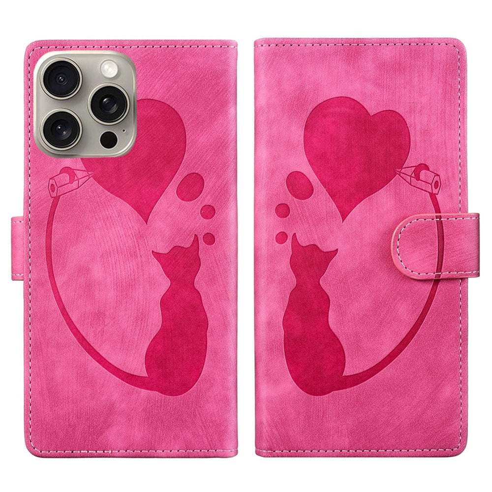 iPhone 15 Pro Max Pen Heart Cat Embossed Leather Phone Case with Wear-Resistant TPU+PU, Lightweight Wallet Stand Function, and Precise Cutouts for Ultimate Protection