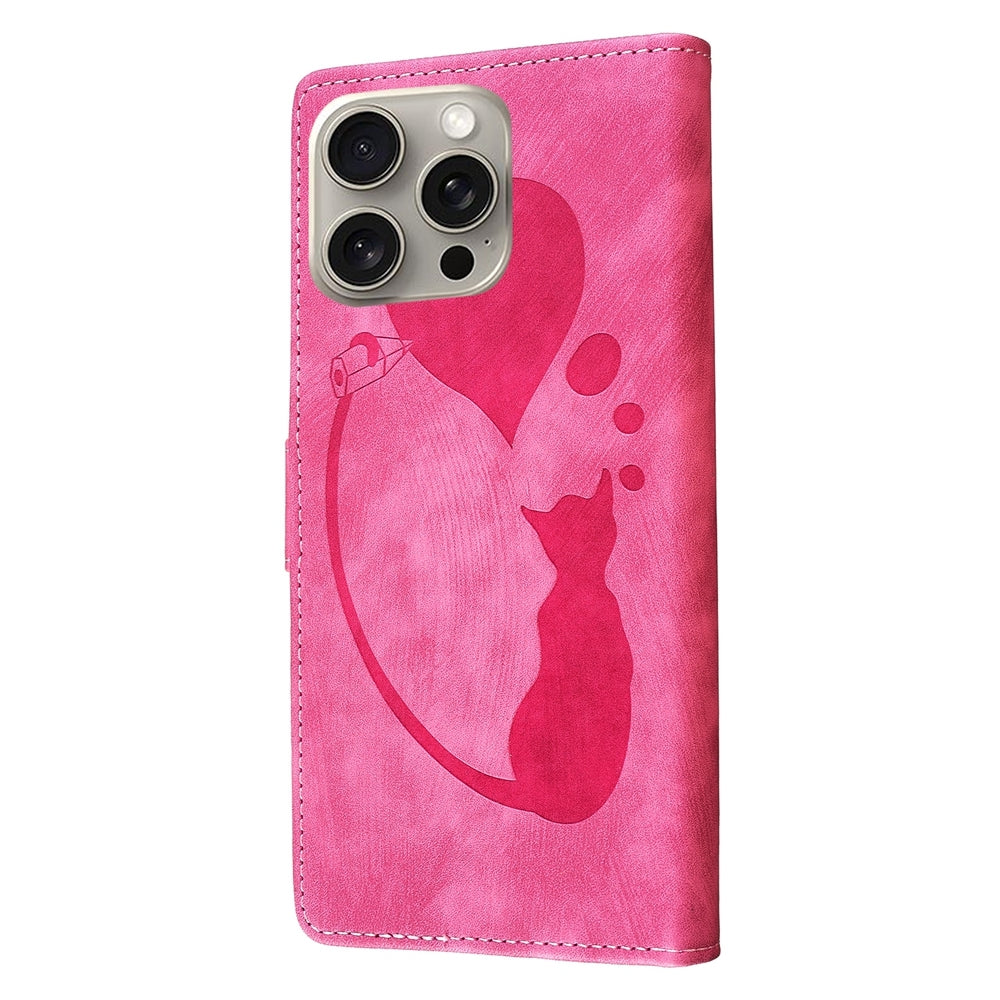 iPhone 15 Pro Max Pen Heart Cat Embossed Leather Phone Case with Wear-Resistant TPU+PU, Lightweight Wallet Stand Function, and Precise Cutouts for Ultimate Protection