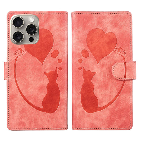 iPhone 15 Pro Pen Heart Cat Embossed Leather Phone Case with Wear-Resistant TPU+PU, Lightweight Wallet Stand Function, and Precise Cutouts for Ultimate Protection