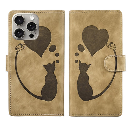 iPhone 15 Pro Pen Heart Cat Embossed Leather Phone Case with Wear-Resistant TPU+PU, Lightweight Wallet Stand Function, and Precise Cutouts for Ultimate Protection