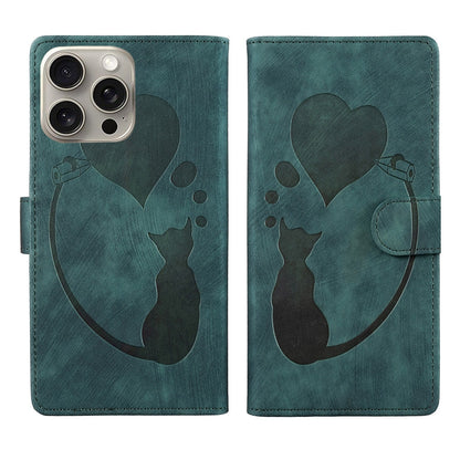 iPhone 15 Pro Pen Heart Cat Embossed Leather Phone Case with Wear-Resistant TPU+PU, Lightweight Wallet Stand Function, and Precise Cutouts for Ultimate Protection