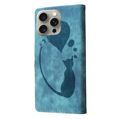 iPhone 15 Pro Pen Heart Cat Embossed Leather Phone Case with Wear-Resistant TPU+PU, Lightweight Wallet Stand Function, and Precise Cutouts for Ultimate Protection