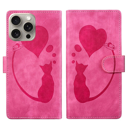iPhone 15 Pro Pen Heart Cat Embossed Leather Phone Case with Wear-Resistant TPU+PU, Lightweight Wallet Stand Function, and Precise Cutouts for Ultimate Protection