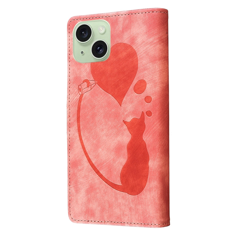 iPhone 15 Plus Pen Heart Cat Embossed Leather Phone Case with Wear-Resistant TPU+PU, Lightweight Wallet Stand Function, and Precise Cutouts for Ultimate Protection