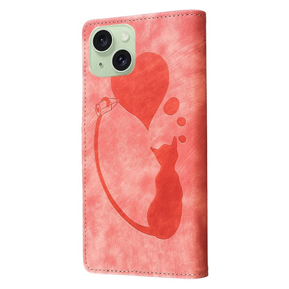 iPhone 15 Plus Pen Heart Cat Embossed Leather Phone Case with Wear-Resistant TPU+PU, Lightweight Wallet Stand Function, and Precise Cutouts for Ultimate Protection