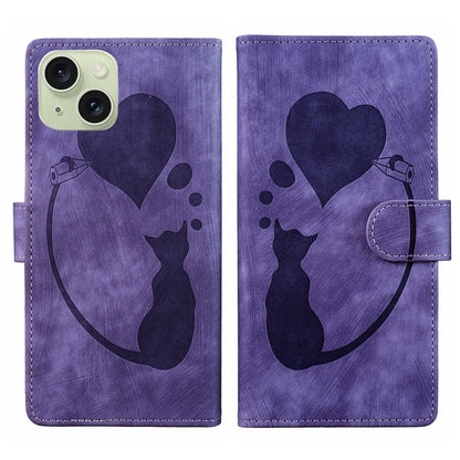 iPhone 15 Plus Pen Heart Cat Embossed Leather Phone Case with Wear-Resistant TPU+PU, Lightweight Wallet Stand Function, and Precise Cutouts for Ultimate Protection