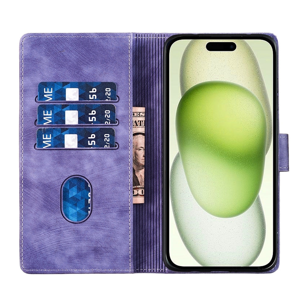 iPhone 15 Plus Pen Heart Cat Embossed Leather Phone Case with Wear-Resistant TPU+PU, Lightweight Wallet Stand Function, and Precise Cutouts for Ultimate Protection