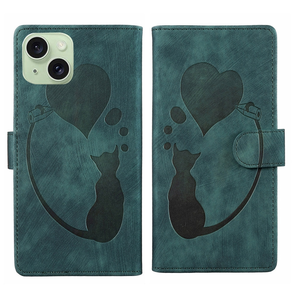 iPhone 15 Plus Pen Heart Cat Embossed Leather Phone Case with Wear-Resistant TPU+PU, Lightweight Wallet Stand Function, and Precise Cutouts for Ultimate Protection
