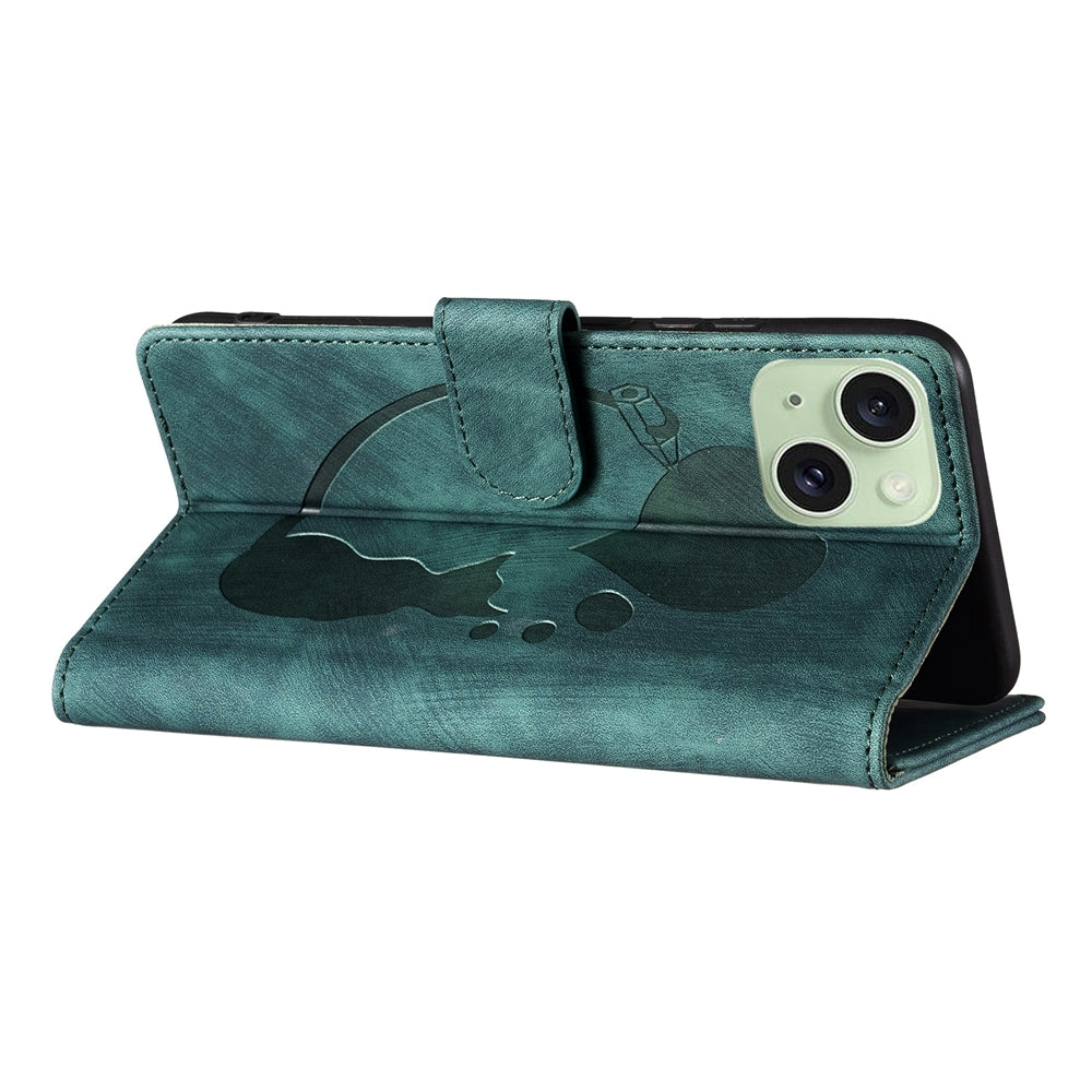 iPhone 15 Plus Pen Heart Cat Embossed Leather Phone Case with Wear-Resistant TPU+PU, Lightweight Wallet Stand Function, and Precise Cutouts for Ultimate Protection