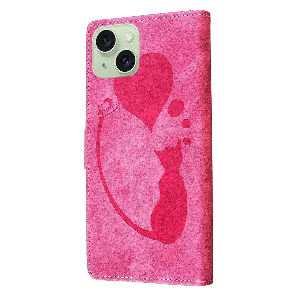 iPhone 15 Plus Pen Heart Cat Embossed Leather Phone Case with Wear-Resistant TPU+PU, Lightweight Wallet Stand Function, and Precise Cutouts for Ultimate Protection