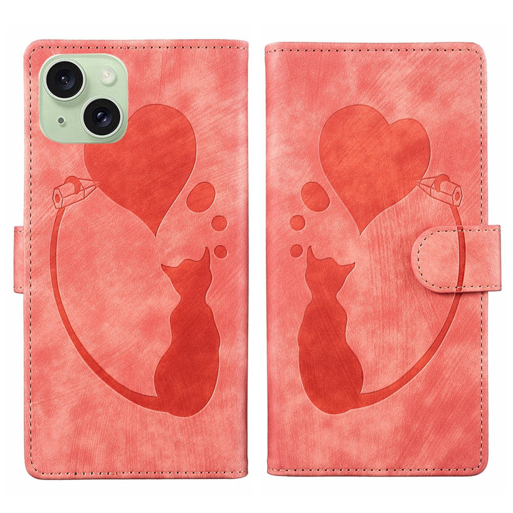iPhone 15 Pen Heart Cat Embossed Leather Phone Case with Wear-Resistant TPU+PU, Lightweight Wallet Stand Function, and Precise Cutouts for Ultimate Protection