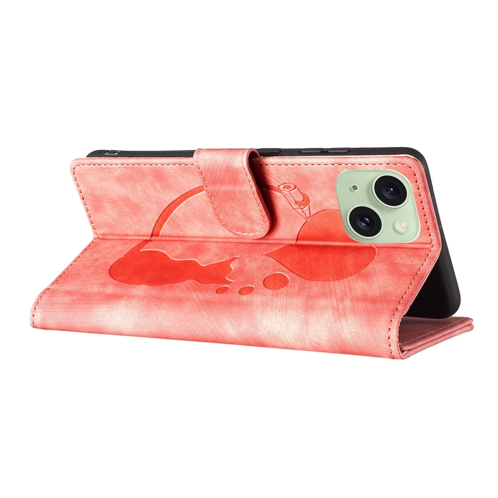 iPhone 15 Pen Heart Cat Embossed Leather Phone Case with Wear-Resistant TPU+PU, Lightweight Wallet Stand Function, and Precise Cutouts for Ultimate Protection