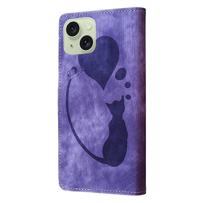 iPhone 15 Pen Heart Cat Embossed Leather Phone Case with Wear-Resistant TPU+PU, Lightweight Wallet Stand Function, and Precise Cutouts for Ultimate Protection