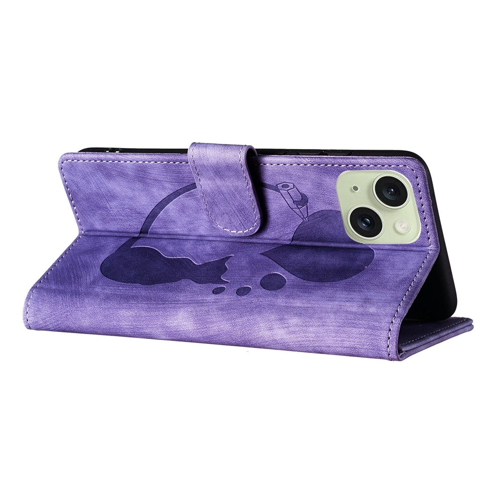 iPhone 15 Pen Heart Cat Embossed Leather Phone Case with Wear-Resistant TPU+PU, Lightweight Wallet Stand Function, and Precise Cutouts for Ultimate Protection