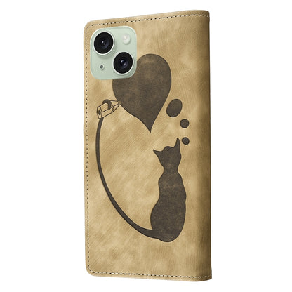 iPhone 15 Pen Heart Cat Embossed Leather Phone Case with Wear-Resistant TPU+PU, Lightweight Wallet Stand Function, and Precise Cutouts for Ultimate Protection