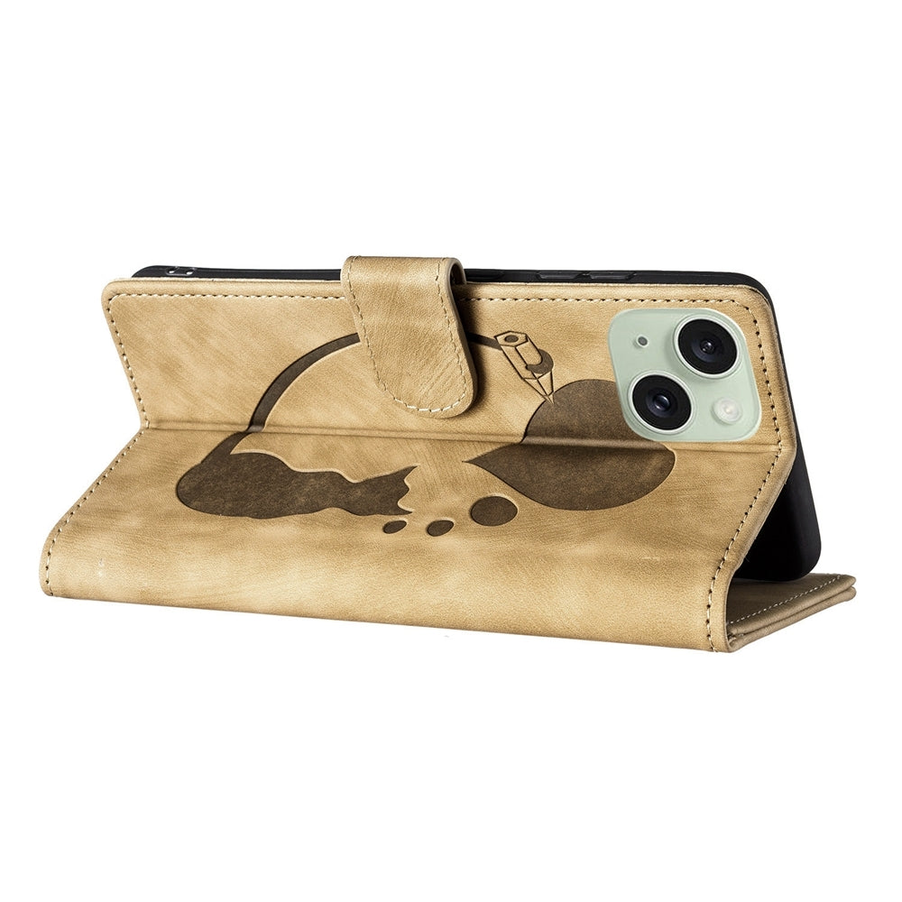 iPhone 15 Pen Heart Cat Embossed Leather Phone Case with Wear-Resistant TPU+PU, Lightweight Wallet Stand Function, and Precise Cutouts for Ultimate Protection