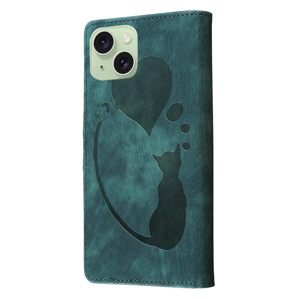 iPhone 15 Pen Heart Cat Embossed Leather Phone Case with Wear-Resistant TPU+PU, Lightweight Wallet Stand Function, and Precise Cutouts for Ultimate Protection