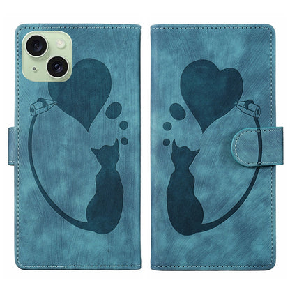iPhone 15 Pen Heart Cat Embossed Leather Phone Case with Wear-Resistant TPU+PU, Lightweight Wallet Stand Function, and Precise Cutouts for Ultimate Protection