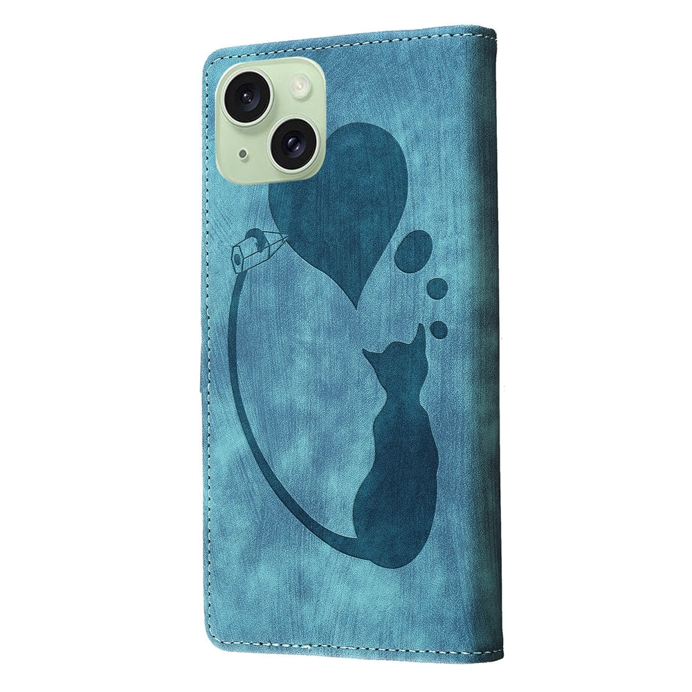 iPhone 15 Pen Heart Cat Embossed Leather Phone Case with Wear-Resistant TPU+PU, Lightweight Wallet Stand Function, and Precise Cutouts for Ultimate Protection