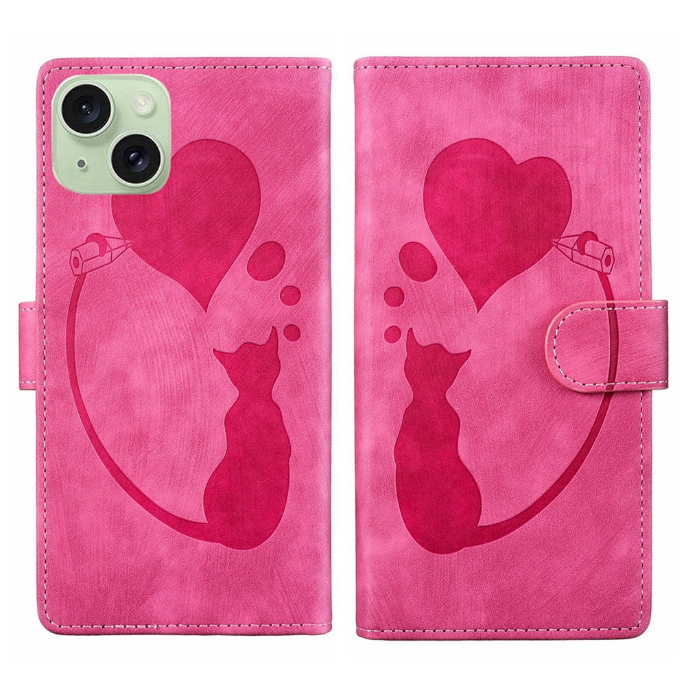 iPhone 15 Pen Heart Cat Embossed Leather Phone Case with Wear-Resistant TPU+PU, Lightweight Wallet Stand Function, and Precise Cutouts for Ultimate Protection