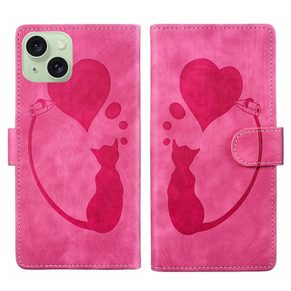 iPhone 15 Pen Heart Cat Embossed Leather Phone Case with Wear-Resistant TPU+PU, Lightweight Wallet Stand Function, and Precise Cutouts for Ultimate Protection