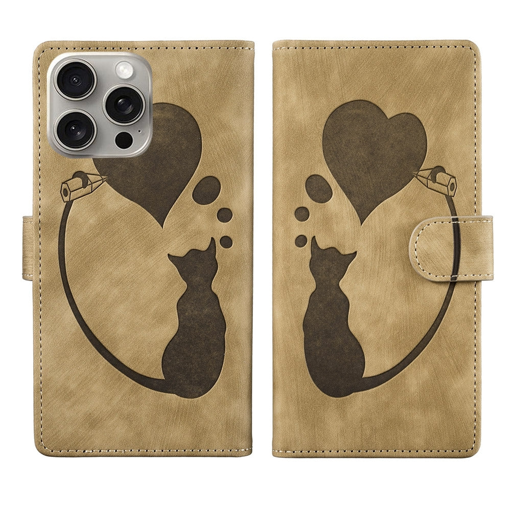 iPhone 14 Pro Pen Heart Cat Embossed Leather Phone Case with Wear-Resistant TPU+PU, Lightweight Wallet Stand Function, and Precise Cutouts for Ultimate Protection