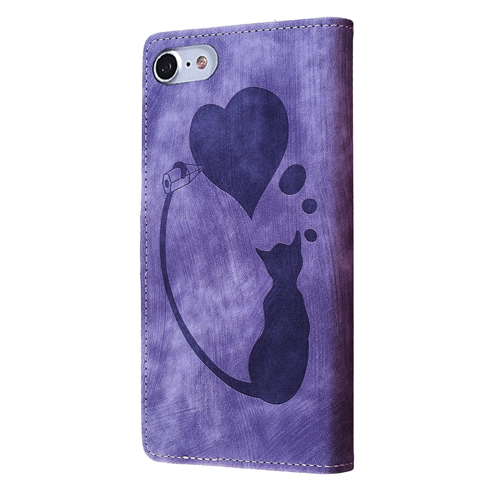 iPhone SE 2022 Pen Heart Cat Embossed Leather Phone Case with Wear-Resistant TPU+PU, Lightweight Wallet Stand Function, and Precise Cutouts for Ultimate Protection