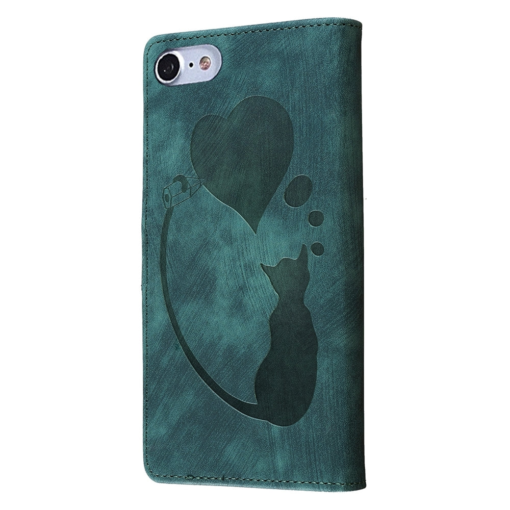 iPhone SE 2022 Pen Heart Cat Embossed Leather Phone Case with Wear-Resistant TPU+PU, Lightweight Wallet Stand Function, and Precise Cutouts for Ultimate Protection