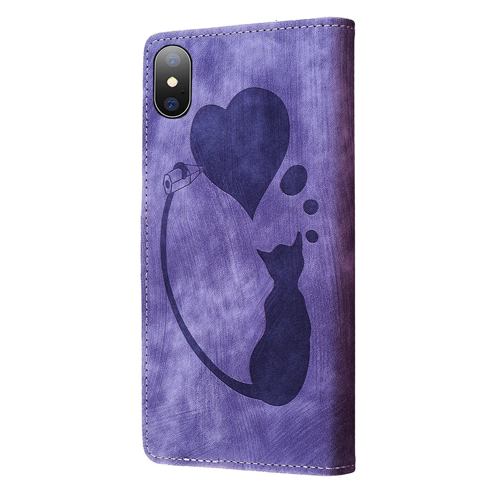 iPhone X Pen Heart Cat Embossed Leather Phone Case with Wear-Resistant TPU+PU, Lightweight Wallet Stand Function, and Precise Cutouts for Ultimate Protection