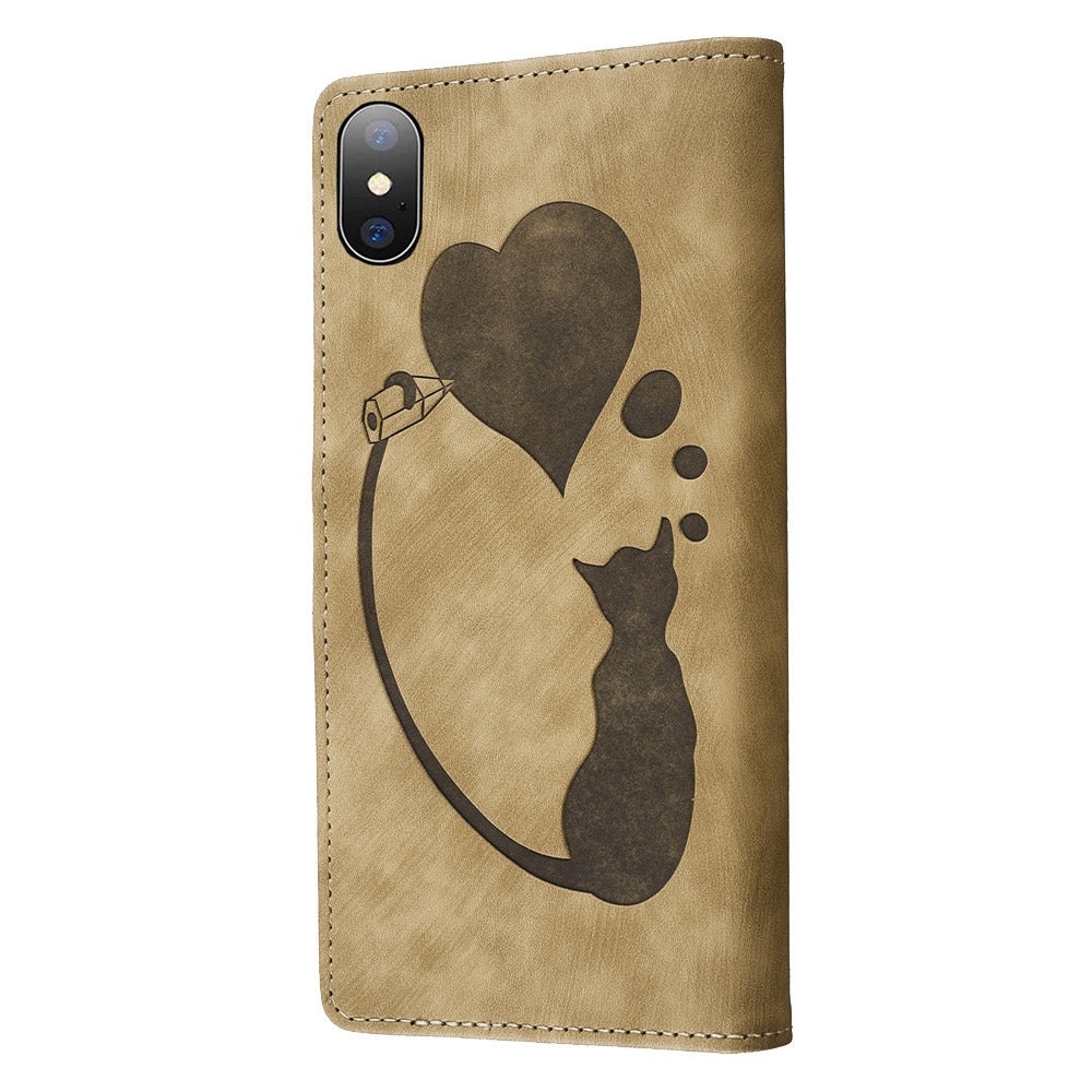 iPhone X Pen Heart Cat Embossed Leather Phone Case with Wear-Resistant TPU+PU, Lightweight Wallet Stand Function, and Precise Cutouts for Ultimate Protection