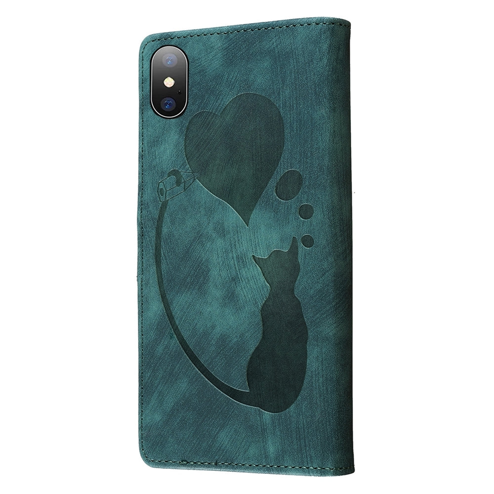 iPhone XS Pen Heart Cat Embossed Leather Phone Case with Wear-Resistant TPU+PU, Lightweight Wallet Stand Function, and Precise Cutouts for Ultimate Protection