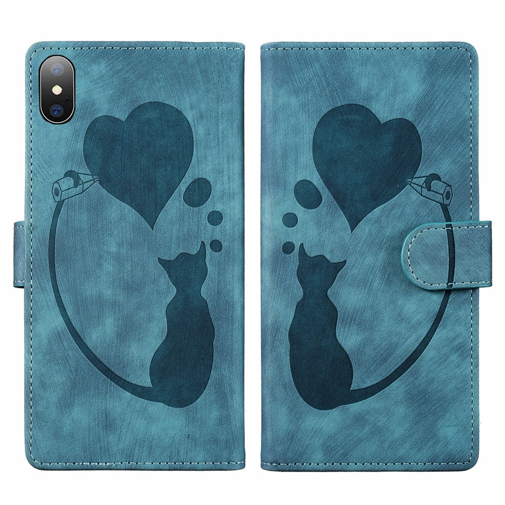 iPhone X Pen Heart Cat Embossed Leather Phone Case with Wear-Resistant TPU+PU, Lightweight Wallet Stand Function, and Precise Cutouts for Ultimate Protection